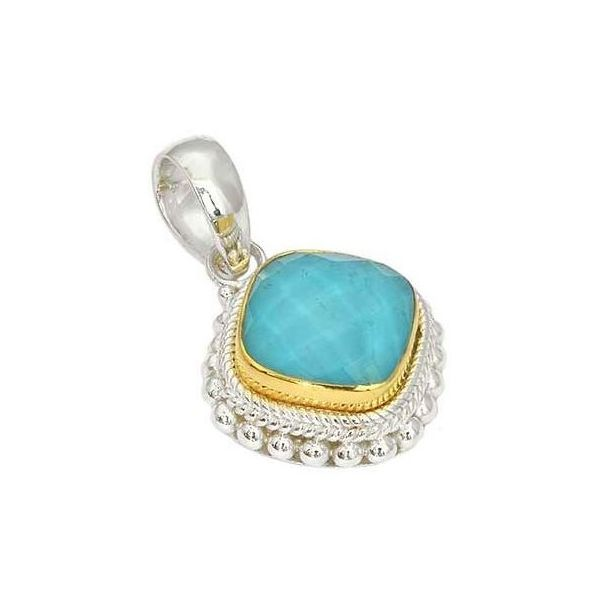 Sterling Silver 18K Gold Vermeil Bali Cushion Shape Faceted Crystal Quartz Over Turquoise Pendant Quality Gem LLC Bethel, CT