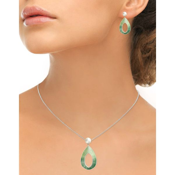 Sterling Silver Freshwater Pearl & Green Enamel Open Pendant Image 2 Quality Gem LLC Bethel, CT