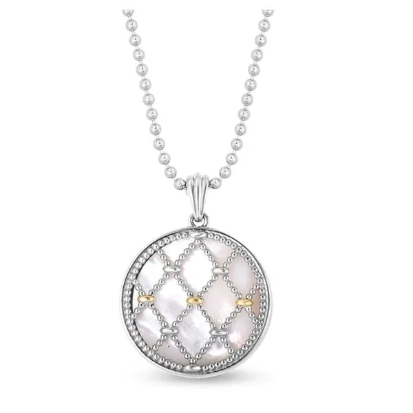 Sterling Silver & 18K Yellow Gold Bead Netting Medallion With Mother Of Pearl Pendant Length 18 Inches Quality Gem LLC Bethel, CT