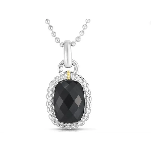 Sterling Silver & 18K Yellow Gold Beaded Pendant With One 14X10mm Faceted Cushion Onyx Quality Gem LLC Bethel, CT