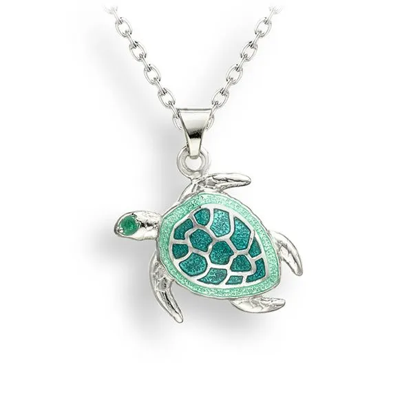 Sterling Silver Rhodium Plated Sea Turtle with Seafoam Vitreous Enamel Pendant Length 18 Quality Gem LLC Bethel, CT