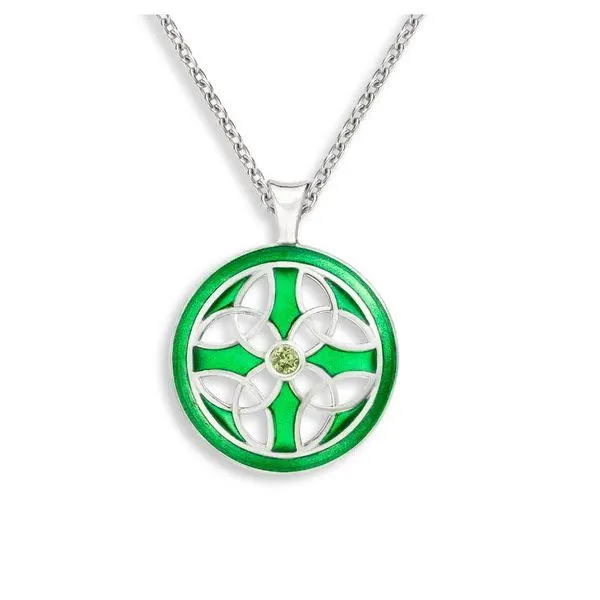 Sterling Silver Green Enamel Plique-A-Jour Circle Celtic Pendant With Peridot Length 20 Inches Quality Gem LLC Bethel, CT