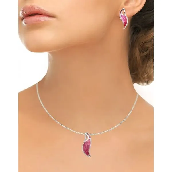 Sterling Silver Pink Enamel Contoured Wave Pendant With White Sapphires Length 20 Inches Image 2 Quality Gem LLC Bethel, CT