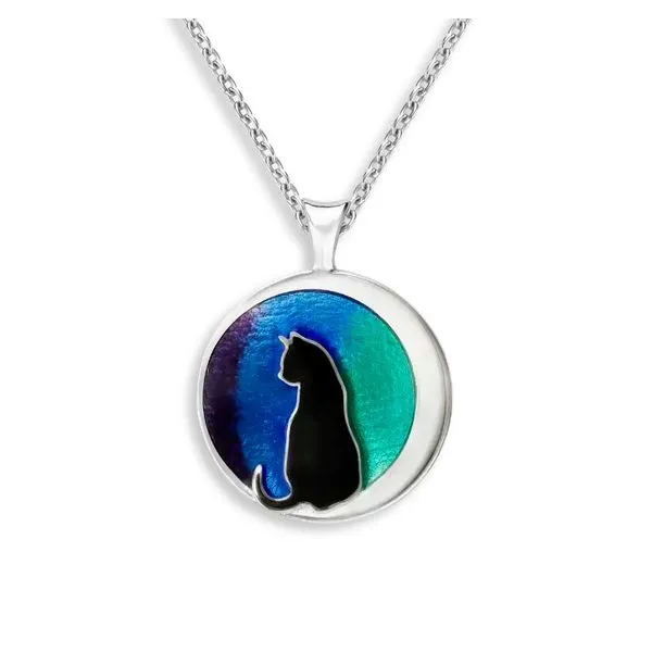 Sterling Silver Green, Blue, Purple, And Black Enamel Circle Cat Pendant Length 20 Inches Quality Gem LLC Bethel, CT