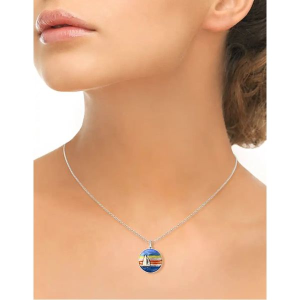 Sterling Silver Multi Color Enamel Sunset Sailboat Pendant Length 20 Inches Image 2 Quality Gem LLC Bethel, CT