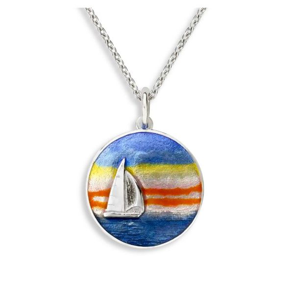 Sterling Silver Multi Color Enamel Sunset Sailboat Pendant Length 20 Inches Quality Gem LLC Bethel, CT