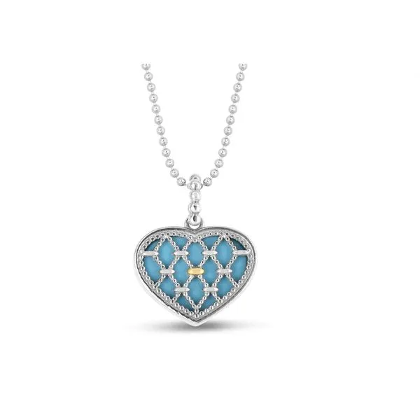 Sterling Silver & 18K Yellow Gold Bead Netting Heart With Turquoise Pendant length 18 Inches Quality Gem LLC Bethel, CT