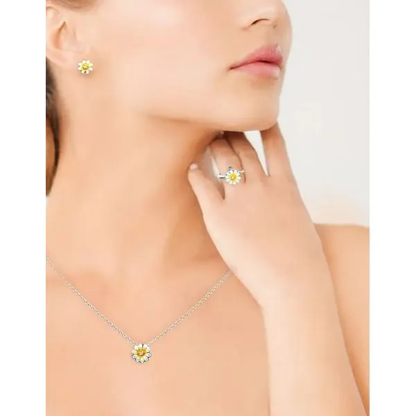 Sterling Silver White And Yellow Enamel Daisy With White Sapphire Pendant Length 18 Inches Adjustable Image 2 Quality Gem LLC Bethel, CT