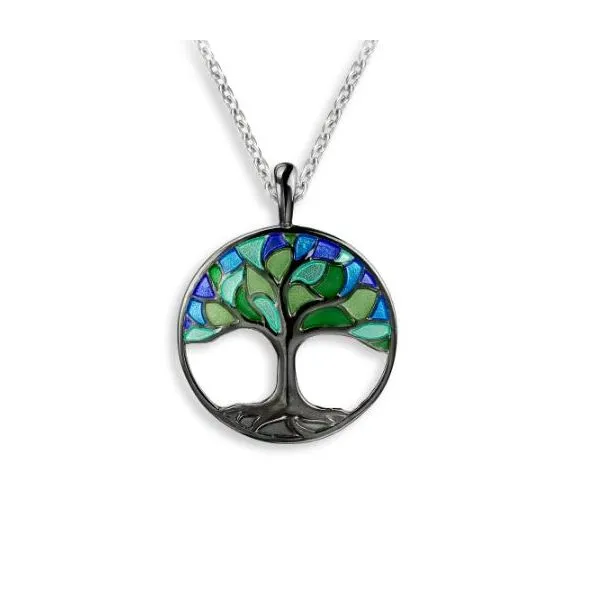 Sterling Silver Black Rhodium Blue And Green Enamel Tree Of Life Pendant Length 20 Inches Quality Gem LLC Bethel, CT