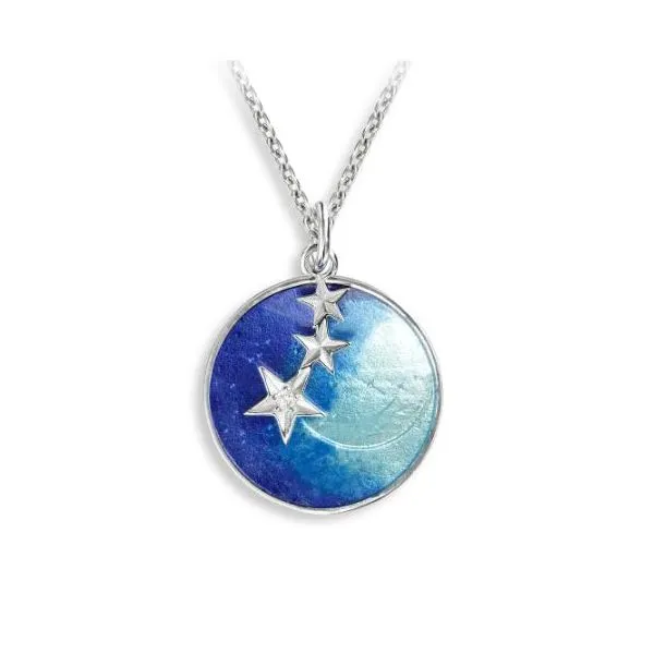 Sterling Silver Rhodium Plated Blue Enamel With Moon And Stars With White Sapphires Pendant Length 20 Inches Quality Gem LLC Bethel, CT
