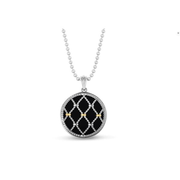 Sterling Silver & 18K Yellow Gold Bead Netting Medallion With Onyx Pendant Length 18 Inches Quality Gem LLC Bethel, CT