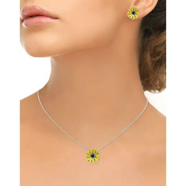 Sterling Silver Rhodium Plated Enamel Yellow Black-Eyed Susan Pendant Length 20 Inches Adjustable Image 2 Quality Gem LLC Bethel, CT