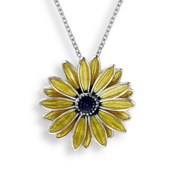 Sterling Silver Rhodium Plated Enamel Yellow Black-Eyed Susan Pendant Length 20 Inches Adjustable Quality Gem LLC Bethel, CT