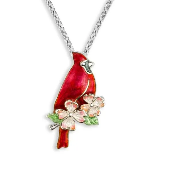 Sterling Silver Rhodium Plated Enamel Cardinal And Dogwood Flower Pendant Length 20 Inches Adjustable Quality Gem LLC Bethel, CT