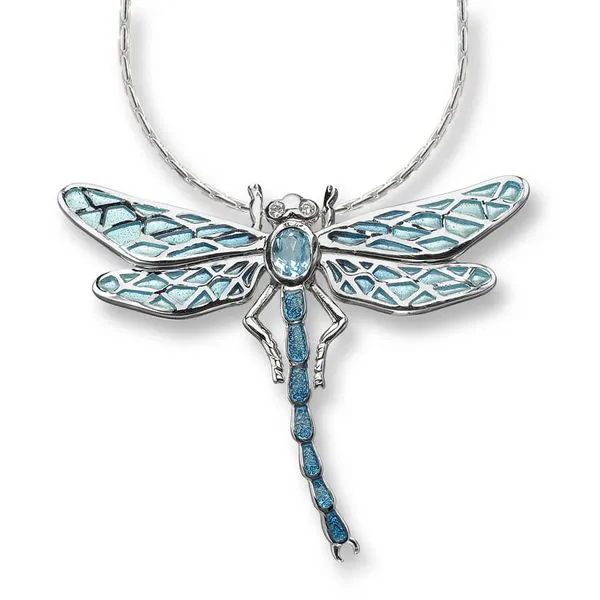 Sterling Silver Blue Enamel, Blue Topaz and White Sapphire Dragonfly Pendant Length 20 Inches Adjustable Quality Gem LLC Bethel, CT