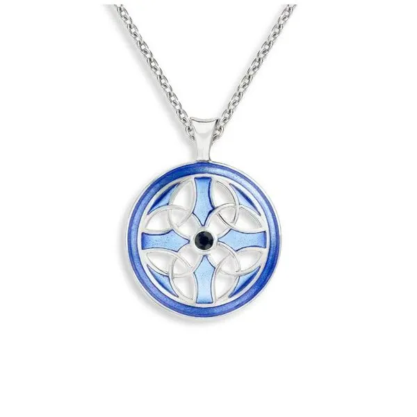 Sterling Silver Rhodium Plated Blue Plique-A-Jour Circle Celtic Cross Pendant Length 20 Inches Adjustable Quality Gem LLC Bethel, CT