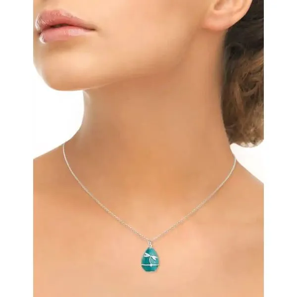 Sterling Silver Rhodium Plated Green Enamel Diamond Dragonfly Egg Pendant Length 20 Inches Adjustable Image 2 Quality Gem LLC Bethel, CT