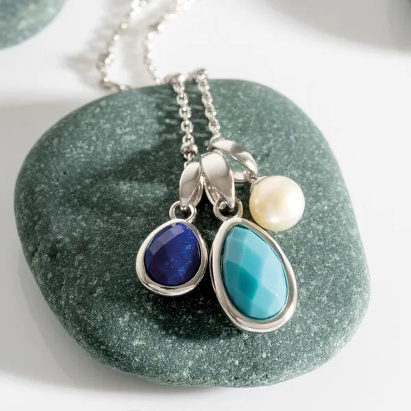 Sterling Silver Rhodium Plated Coast Pebble Azure Lapis Lazuli, Teal Magnesite, And Freshwater Pearl Trio Pendant Adjustable Length 16/18 Image 4 Quality Gem LLC Bethel, CT