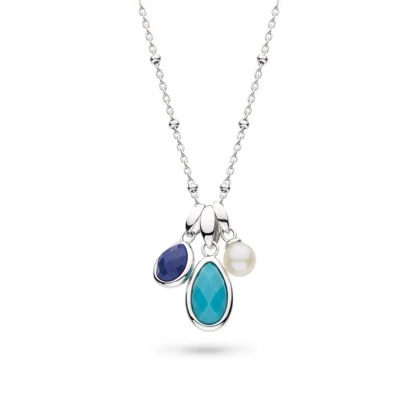 Sterling Silver Rhodium Plated Coast Pebble Azure Lapis Lazuli, Teal Magnesite, And Freshwater Pearl Trio Pendant Adjustable Length 16/18 Quality Gem LLC Bethel, CT