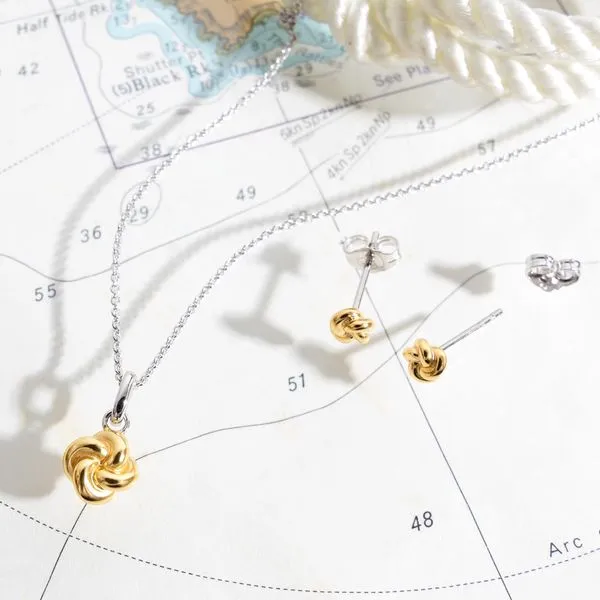 Sterling Silver & 18K Yellow Gold Plate Rhodium Plated Marina Tide Knot Golden Stud Earrings Image 3 Quality Gem LLC Bethel, CT
