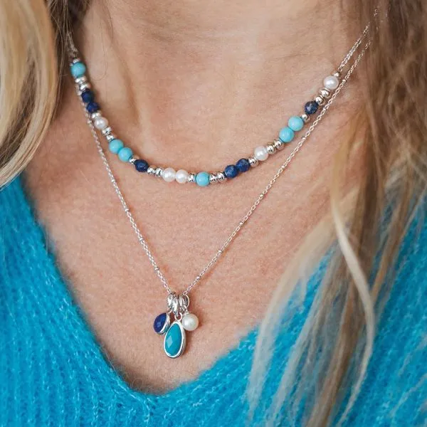 Sterling Silver Rhodium Plated Coast Pebble Azure Lapis Lazuli, Teal Magnesite, And Freshwater Pearl Trio Pendant Adjustable Length 16/18 Image 2 Quality Gem LLC Bethel, CT