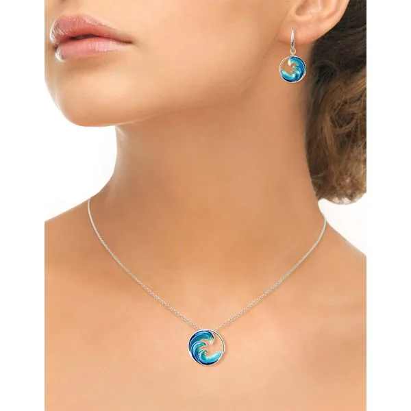 Sterling Silver Turquoise and Blue  Ocean Waves Enamel Pendant Length 20 Inches Adjustable Image 2 Quality Gem LLC Bethel, CT