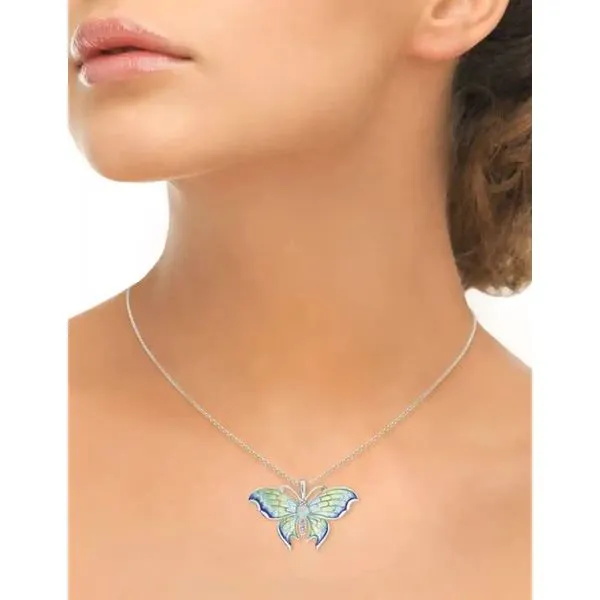 Sterling Silver Rhodium Plated Blue Plique-A-Jour Enamel Butterfly Pendant Length 20 Inches Adjustable Image 2 Quality Gem LLC Bethel, CT