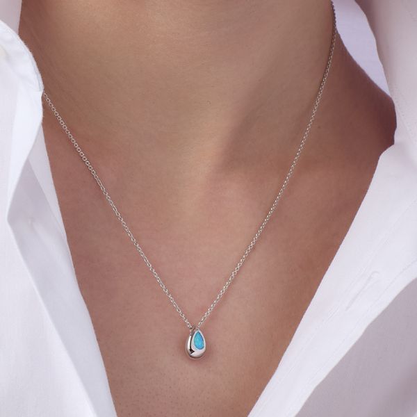 Sterling Silver Rhodium Plated Coast Pebble Blue Opal Pendant Length 18 Inches Image 3 Quality Gem LLC Bethel, CT