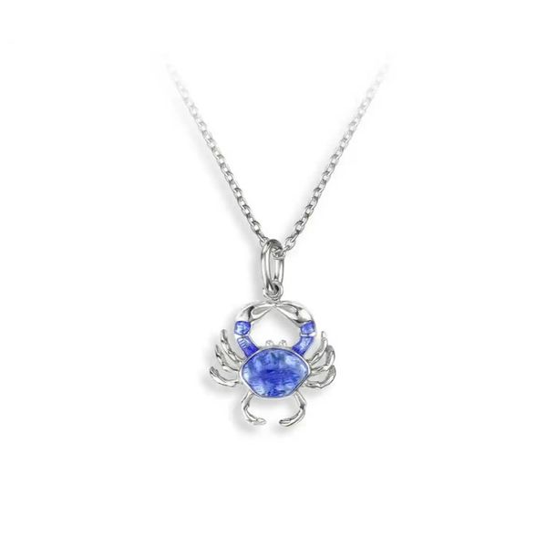 Sterling Silver Rhodium Plated Blue Enamel Crab Pendant Length 20 Adjustable Quality Gem LLC Bethel, CT