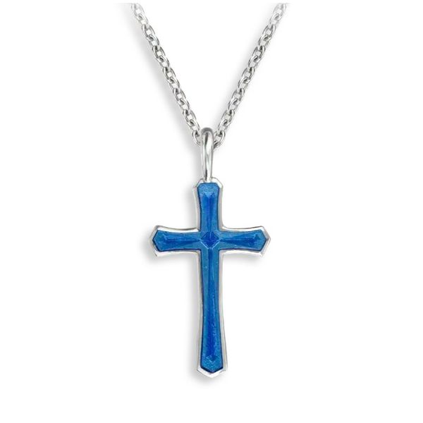 Sterling Silver Rhodium Plated Blue Enamel Cross Pendant Length 20 Adjustable Quality Gem LLC Bethel, CT