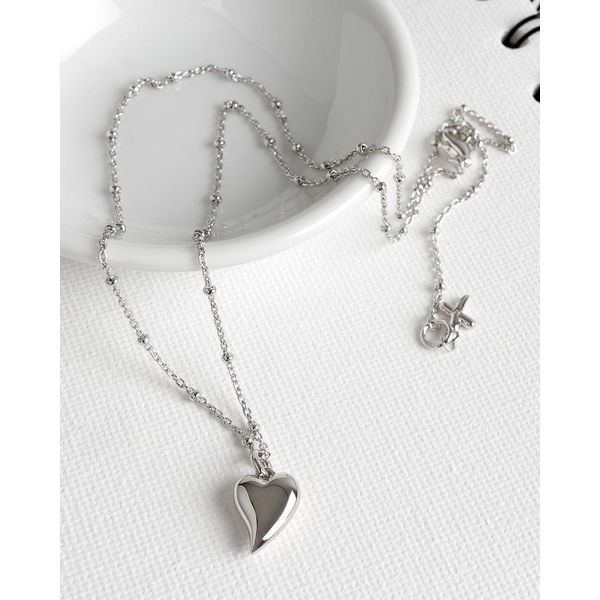 Sterling Silver Rhodium Plated Desire Kiss Midi Heart Ball Chain Pendant Length 18 Inches Image 3 Quality Gem LLC Bethel, CT