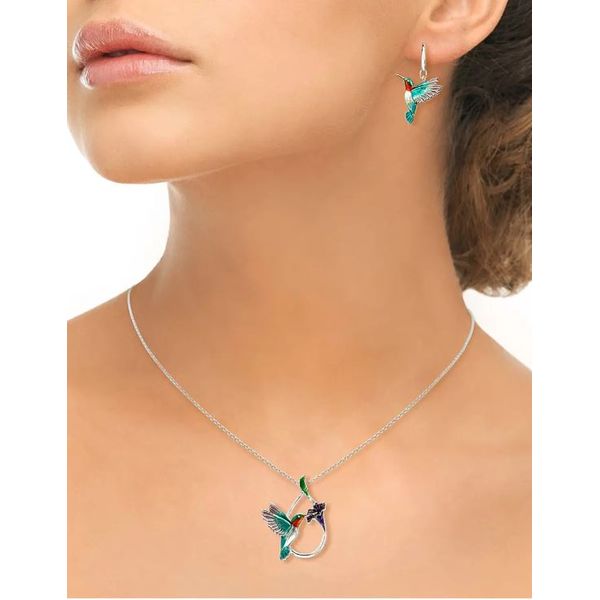 Sterling Silver Rhodium Plated Multi Color Enamel Circle Hummingbird Pendant Length 20 Inches Adjustable Image 2 Quality Gem LLC Bethel, CT