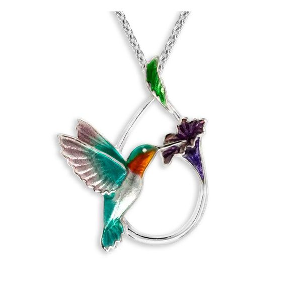 Sterling Silver Rhodium Plated Multi Color Enamel Circle Hummingbird Pendant Length 20 Inches Adjustable Quality Gem LLC Bethel, CT
