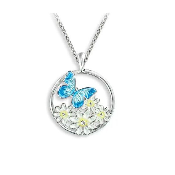 Sterling Silver Rhodium Plated Enamel Blue Butterfly With Daisies Pendant Length 20 Inches Quality Gem LLC Bethel, CT