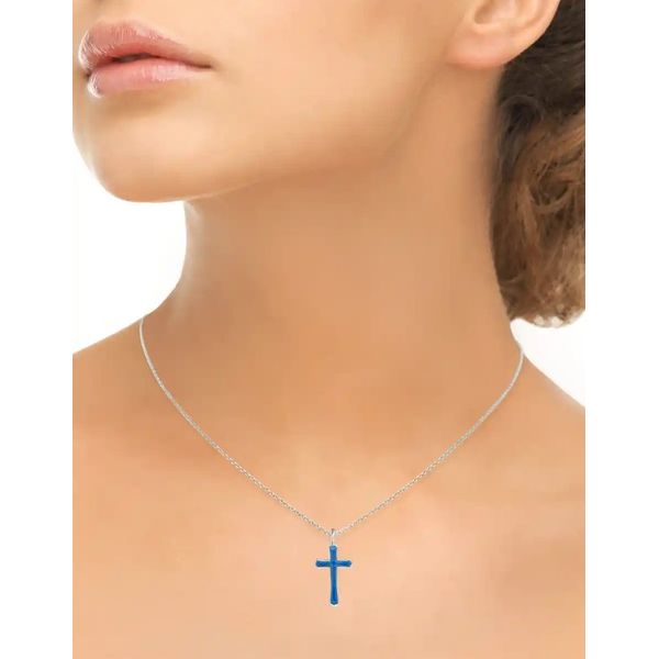 Sterling Silver Rhodium Plated Blue Enamel Cross Pendant Length 20 Adjustable Image 2 Quality Gem LLC Bethel, CT
