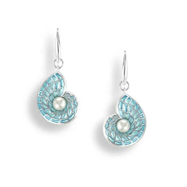 Sterling Silver Blue Enamel Nautilus Shell & Freshwater Pearl Dangle Earrings Quality Gem LLC Bethel, CT