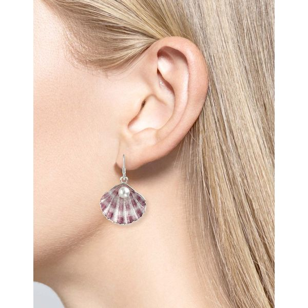 Sterling Silver Freshwater Pearl & Enamel Shell Dangle Earrings Image 2 Quality Gem LLC Bethel, CT