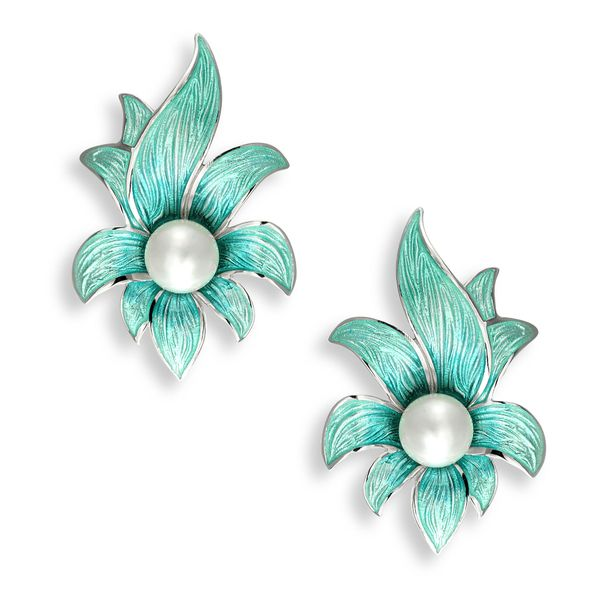 Sterling Silver Freshwater Pearl & Seafoam Green Enamel Flower Stud Earrings Quality Gem LLC Bethel, CT