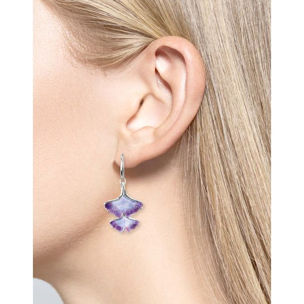 Sterling Silver Purple Enamel Ginkgo Two Leaf Dangle Earrings Image 2 Quality Gem LLC Bethel, CT