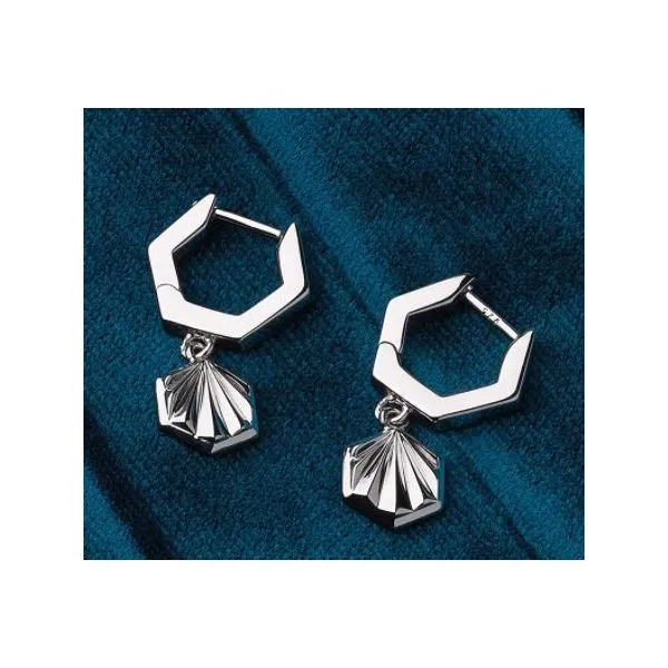 Sterling Silver Revival Deco Hexagonal Hoop Drop Earrings Image 2 Quality Gem LLC Bethel, CT