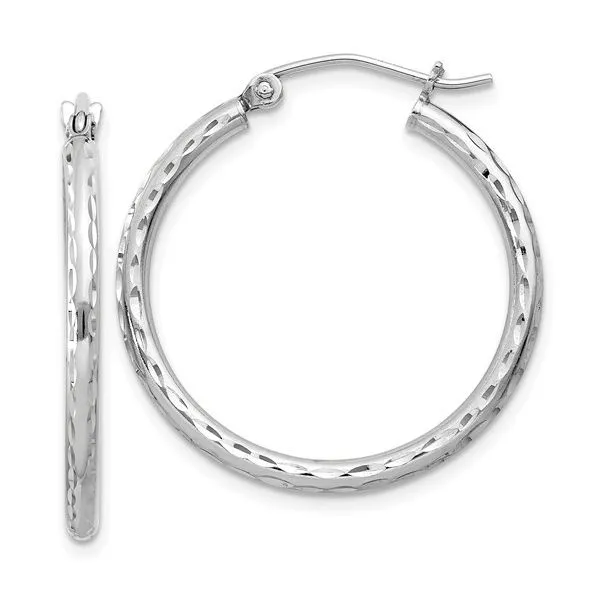Sterling Silver Rhodium Plated 2x25mm Diamond Cut Hoop Earrings Quality Gem LLC Bethel, CT