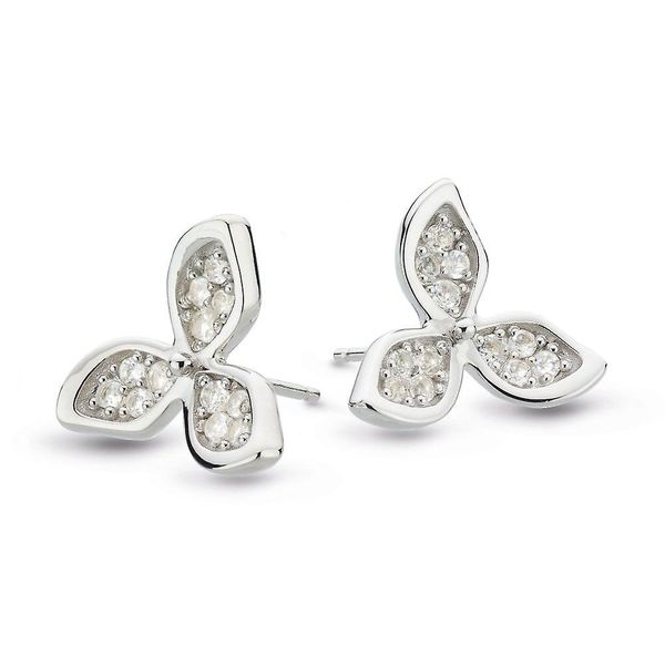 Sterling Silver Rhodium Plated Blossom Petal Bloom Pave White Topaz Stud Earrings Quality Gem LLC Bethel, CT