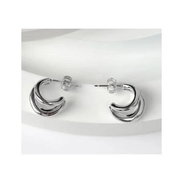 Sterling Silver Rhodium Plated Bevel Cirque Link Twin Hoop Earrings Image 2 Quality Gem LLC Bethel, CT