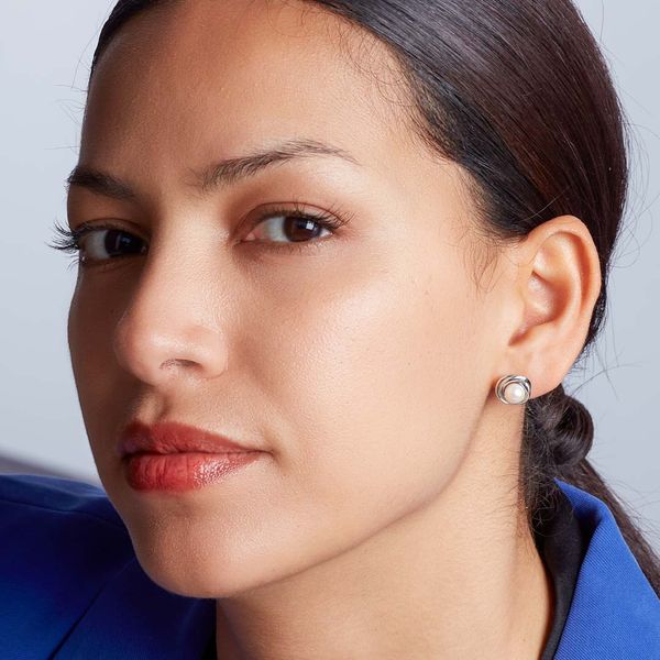 Sterling Silver Bevel Trilogy Pearl Stud Earrings Image 2 Quality Gem LLC Bethel, CT