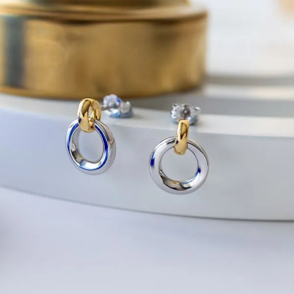 Sterling Silver 18K Gold Plate Bevel Cirque Link Golden Stud Earrings Image 3 Quality Gem LLC Bethel, CT