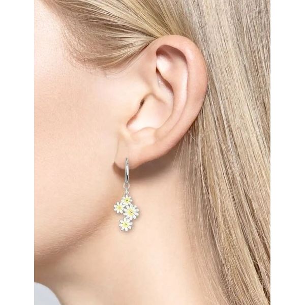Sterling Silver Rhodium Plated White Enamel Daisy Cluster Dangle Earrings Image 2 Quality Gem LLC Bethel, CT