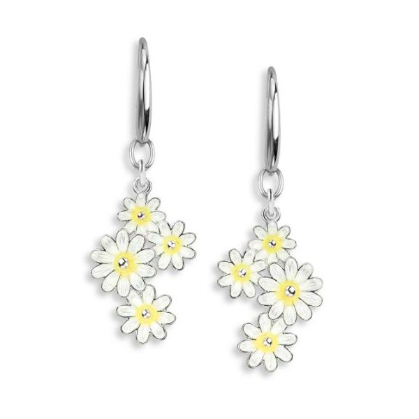 Sterling Silver Rhodium Plated White Enamel Daisy Cluster Dangle Earrings Quality Gem LLC Bethel, CT