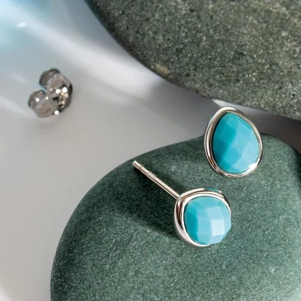 Rhodium Plated Sterling Silver Coast Pebble Teal Magnesite Stud Earrings Image 4 Quality Gem LLC Bethel, CT