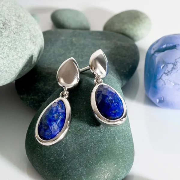 Sterling Silver Rhodium Plated Coast Pebble Azure Lapis Lazuli Droplet Post Earrings Image 4 Quality Gem LLC Bethel, CT