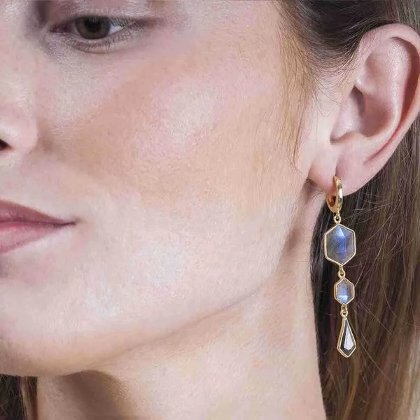 Sterling Silver 18K Vermeil Geo Hoop Earrings With Labradorite Dangles Image 2 Quality Gem LLC Bethel, CT